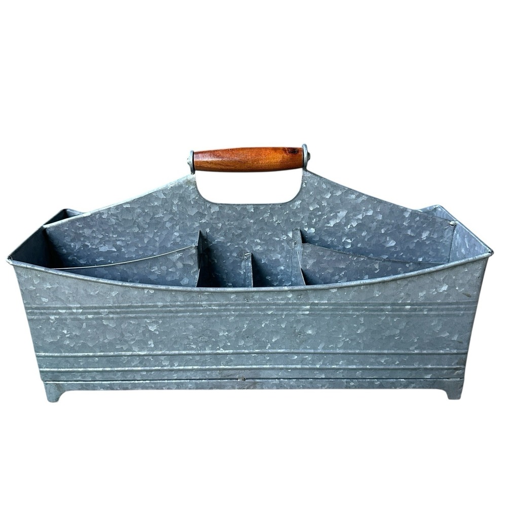 Galvanized Metal Divided Organizer Box Wood Handle‎ 16 Inch Farmhouse Rustic
